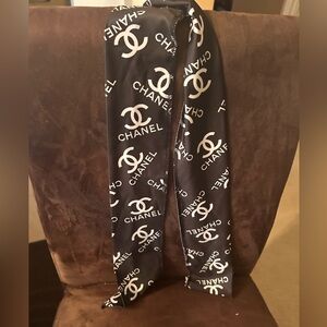 CHANEL Black and White Logo Silk Scarf Tie
